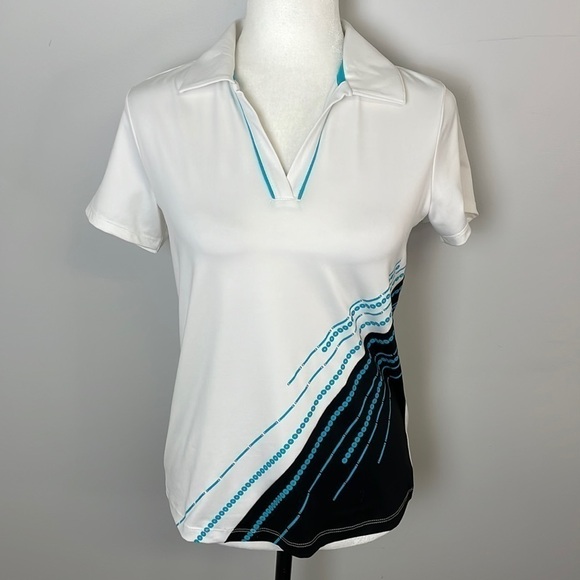 IZOD Cool Fx White / Blue / Black Short Sleeve Golf Shirt Sz S - Picture 1 of 6